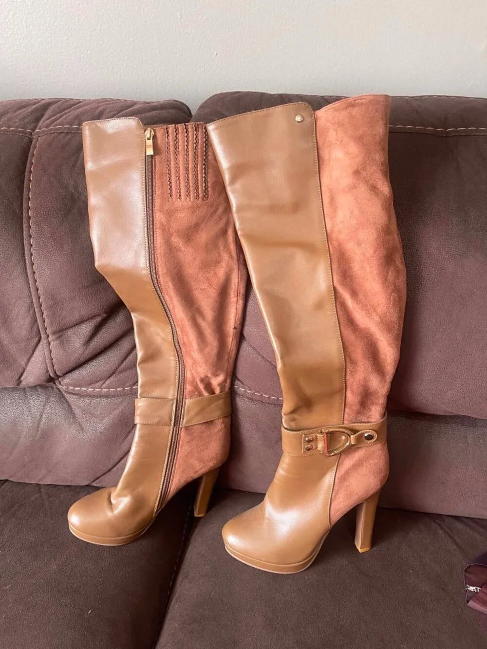 Italina Brown Two-Tone Knee-High Heeled Boots